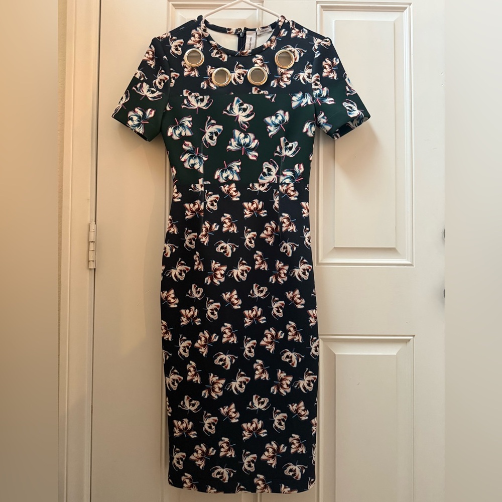 Yigal Azrouel Dark Green Blue Floral Midi Dress
